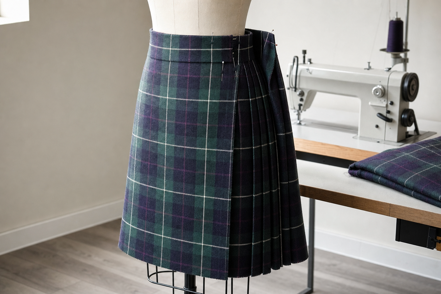 A partially sewn tartan kilt on a dress form beside a sewing machine in a tailoring workshop.