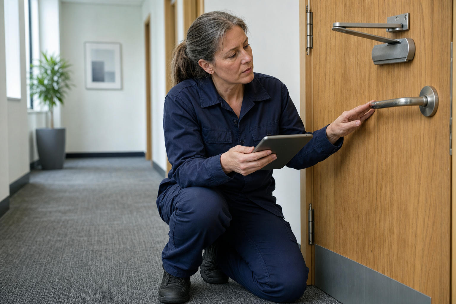 A maintenance worker in blue overalls inspects a door handle while holding a tablet in a hallway.