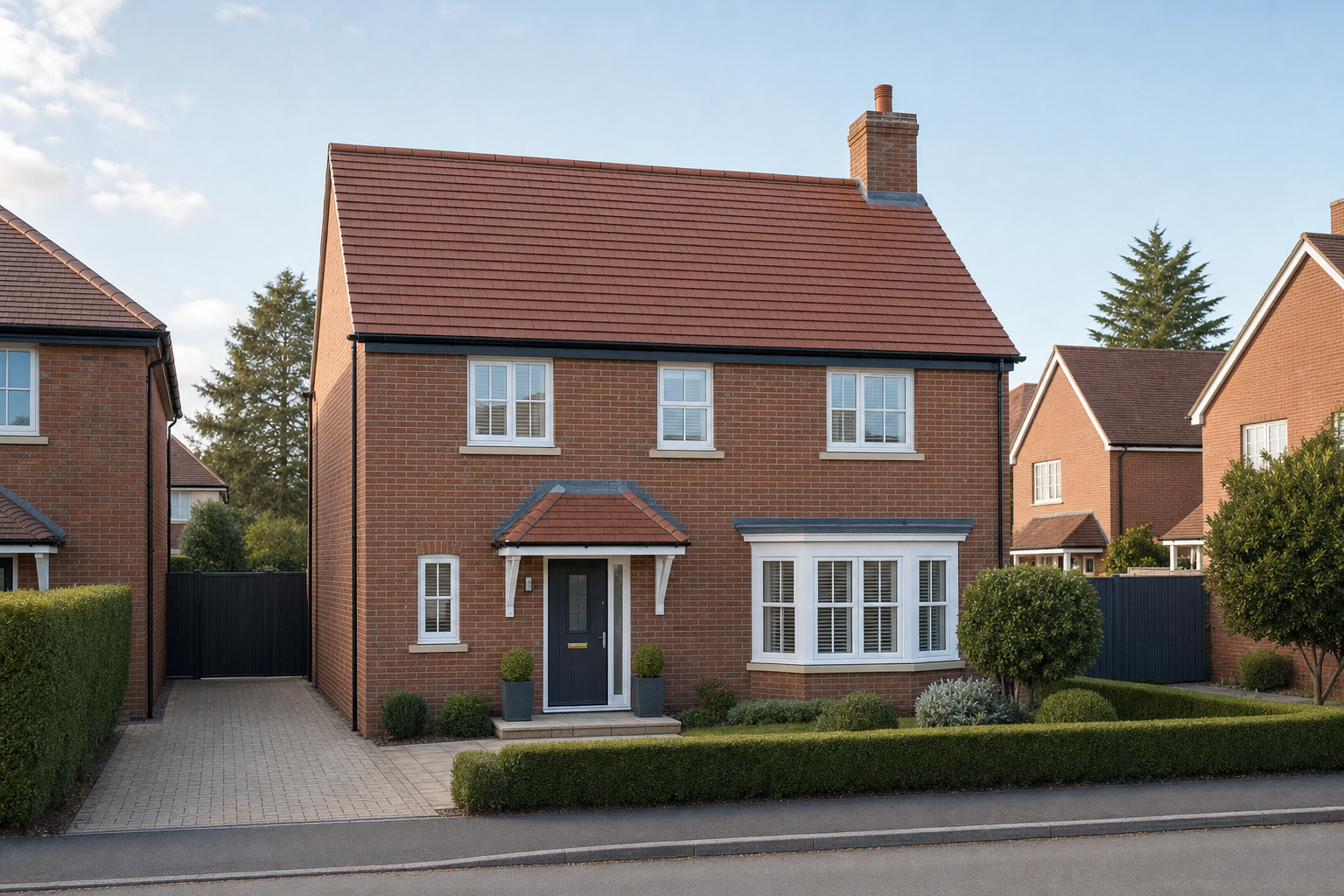 A modern red-brick house with a neatly trimmed hedge and tiled roof on a quiet suburban street.
