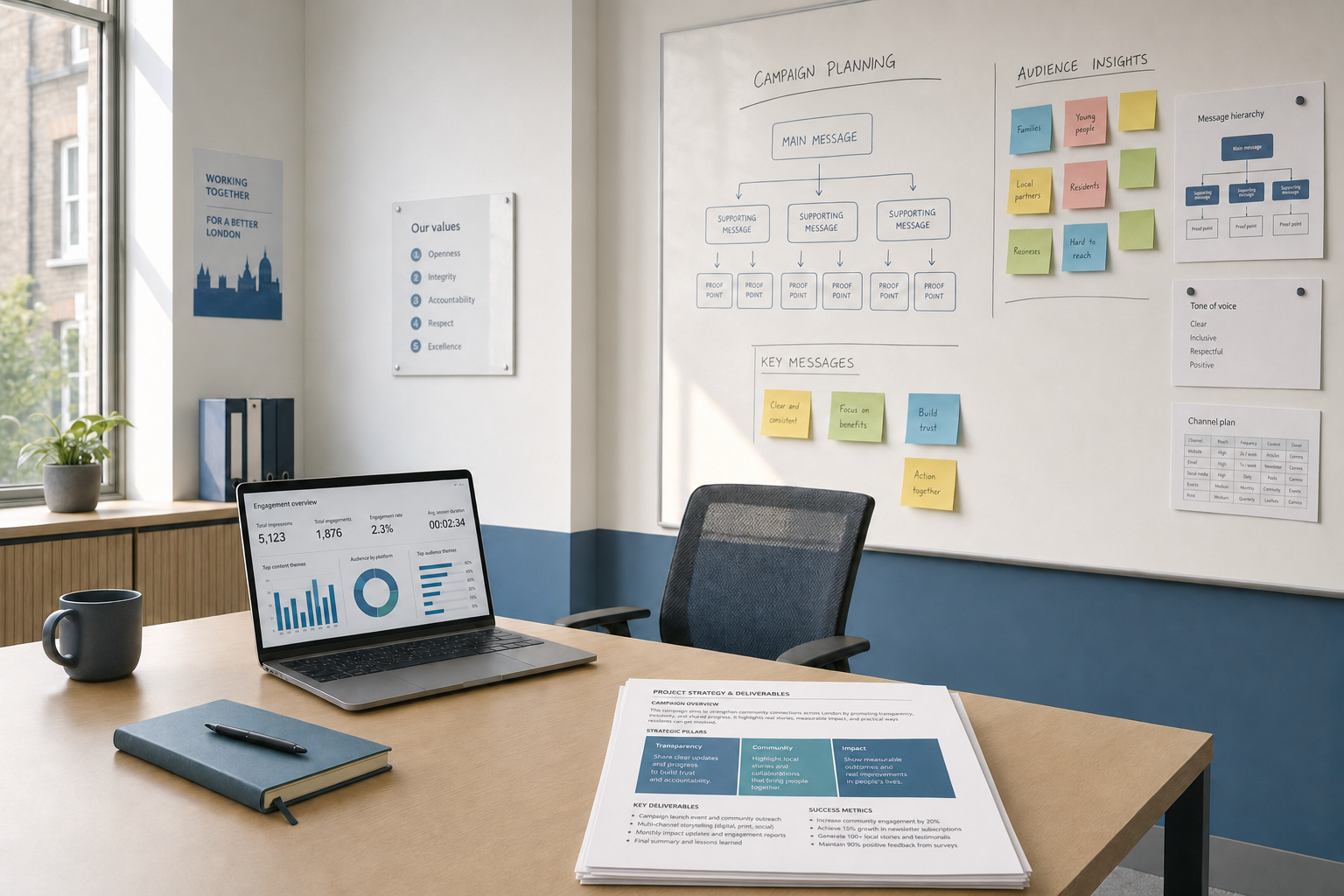Office desk with a laptop displaying graphs, next to strategic planning documents and a whiteboard with campaign notes.