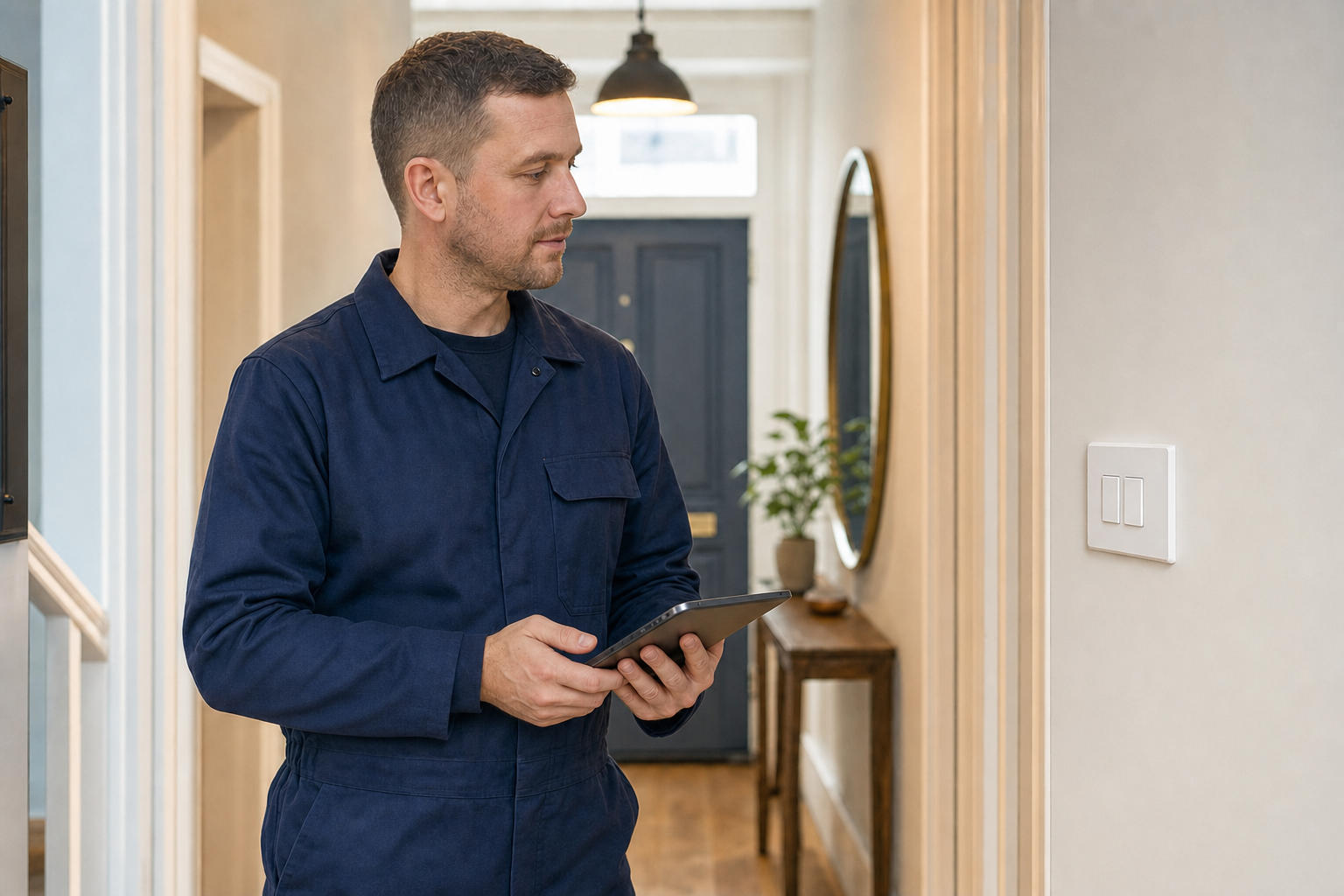 Man in navy overalls holding a tablet stands in a hallway with a round mirror and potted plant.