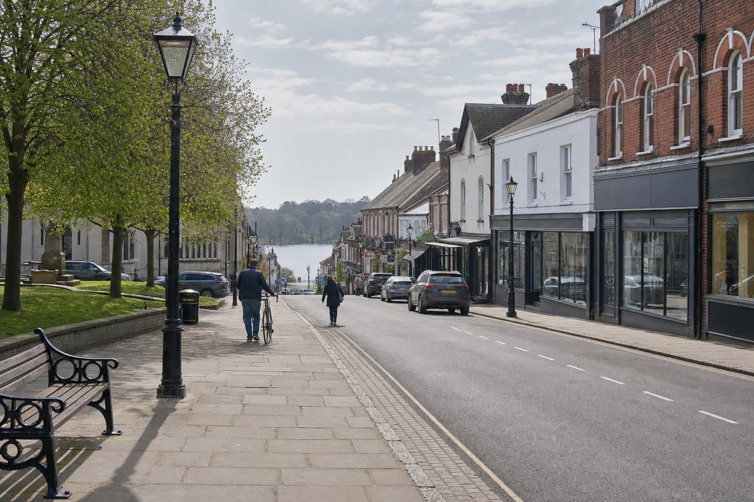 A quiet street lined with shops and trees leads towards a lake in the distance, with a person walking alongside a bicycle.