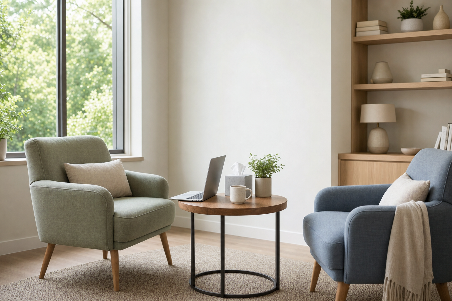 A cosy sitting area with a laptop on a round table between a green and a blue armchair near a window.