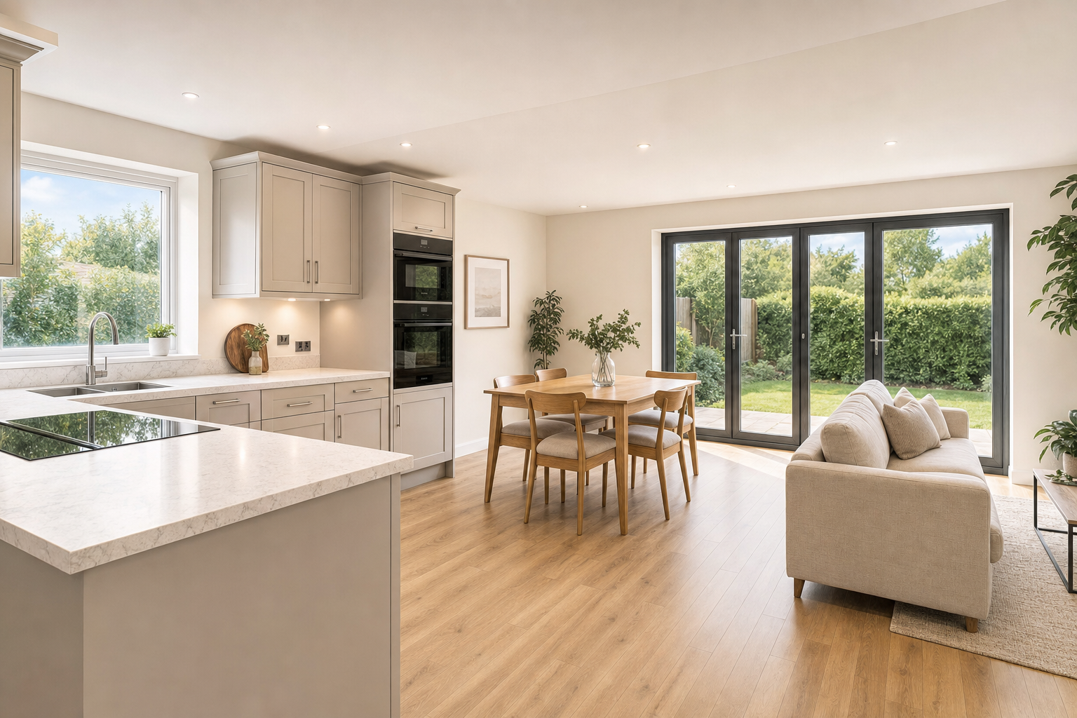 Modern kitchen and living area with light wood floors, beige cabinets, and glass doors opening to a garden.