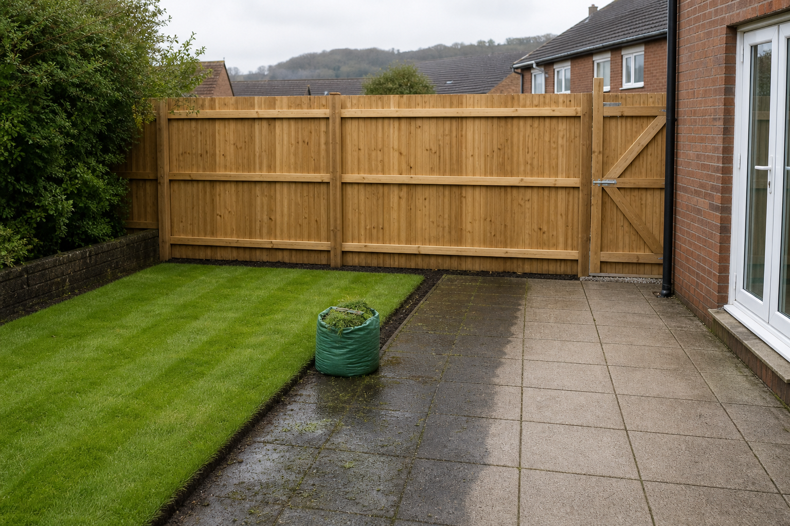 A tidy garden with a freshly mown lawn, a wooden fence, and a green bag of grass clippings on the patio.