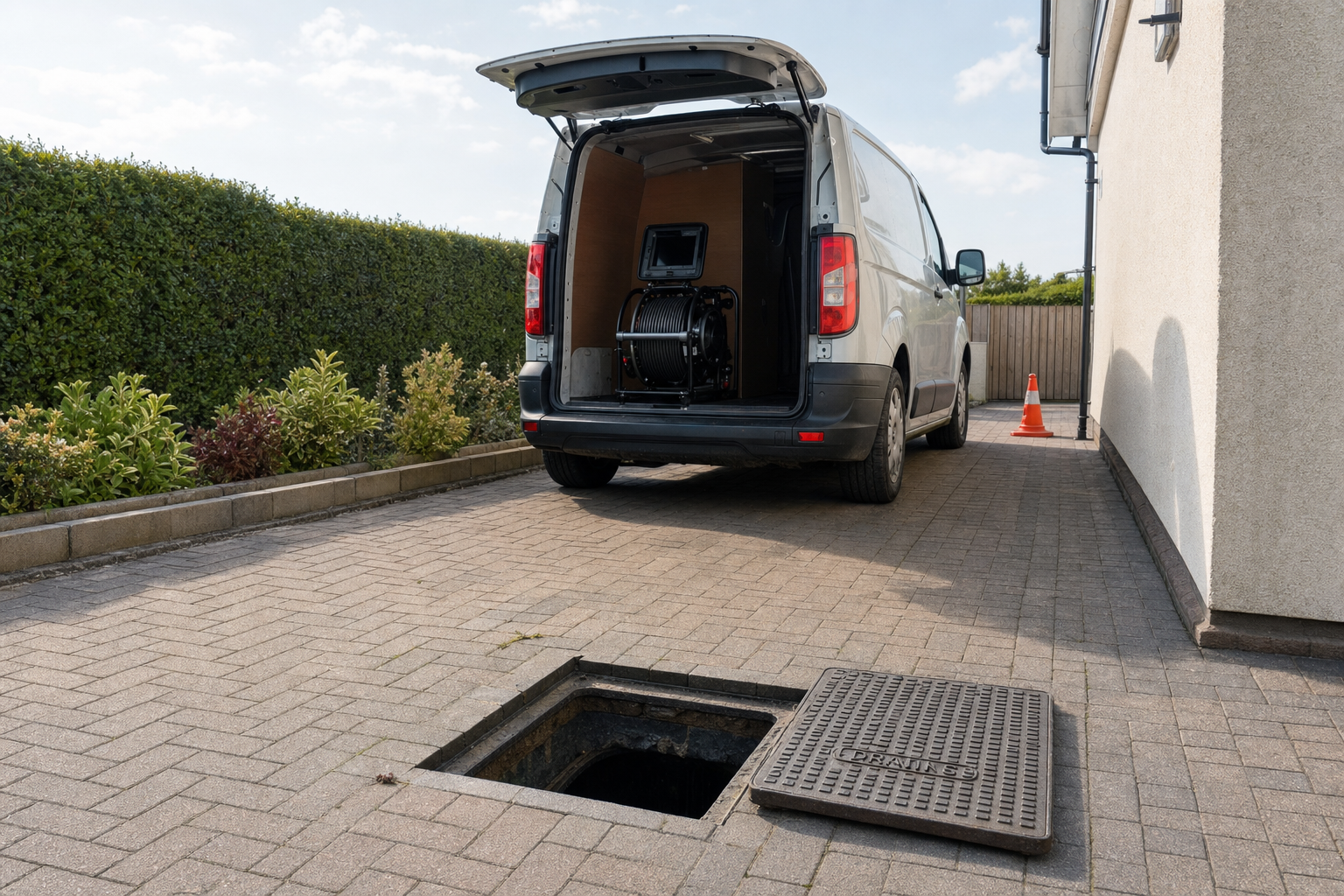 A van with drainage inspection equipment parked next to an open manhole on a driveway.