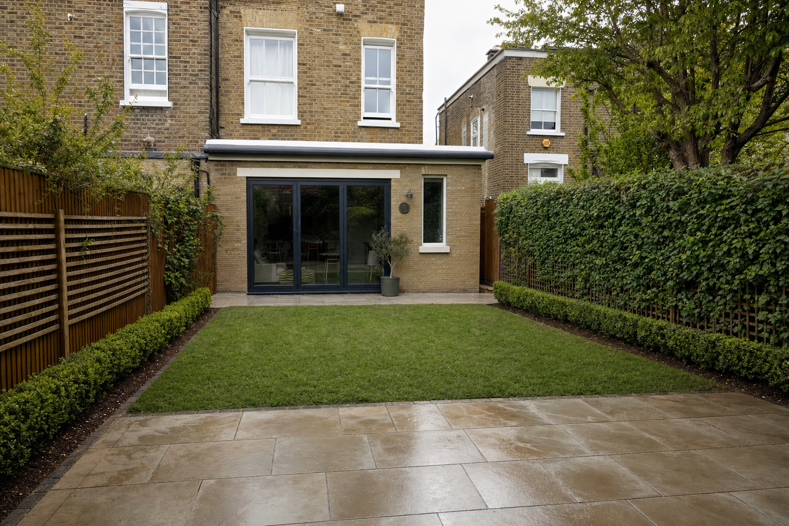 A modern back garden with a lawn and paved patio area, leading to a brick house with large sliding doors.
