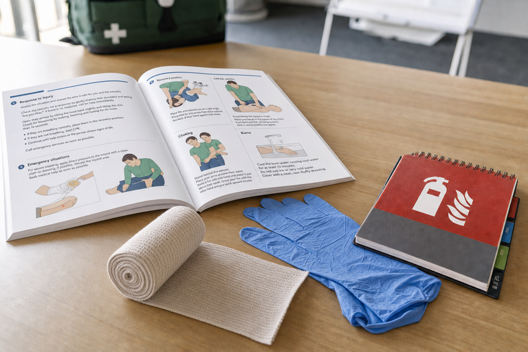 First aid book, gloves, and bandage on a table with an emergency response guide.