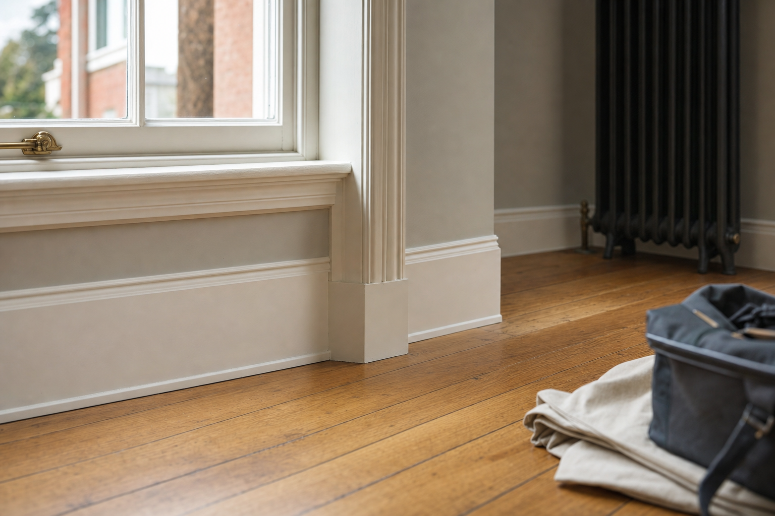 Close-up of freshly painted white skirting boards and wall trim inside a home.