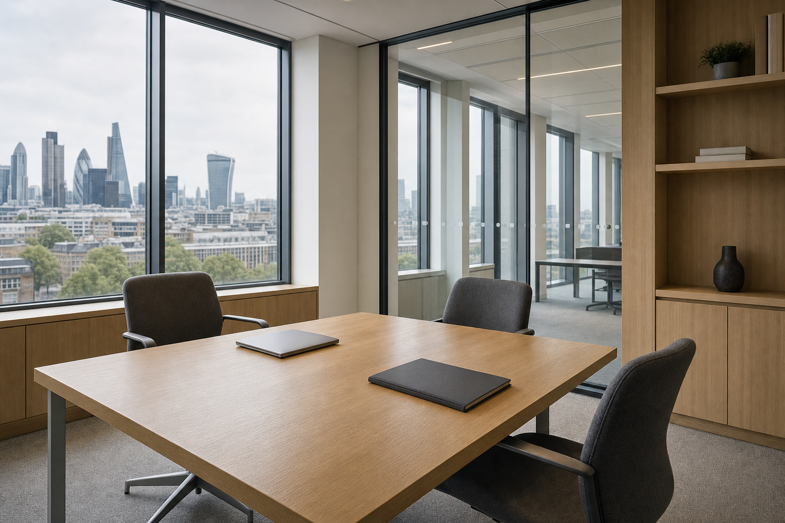 Modern conference room with wooden table, grey chairs, and city skyline view through large windows.
