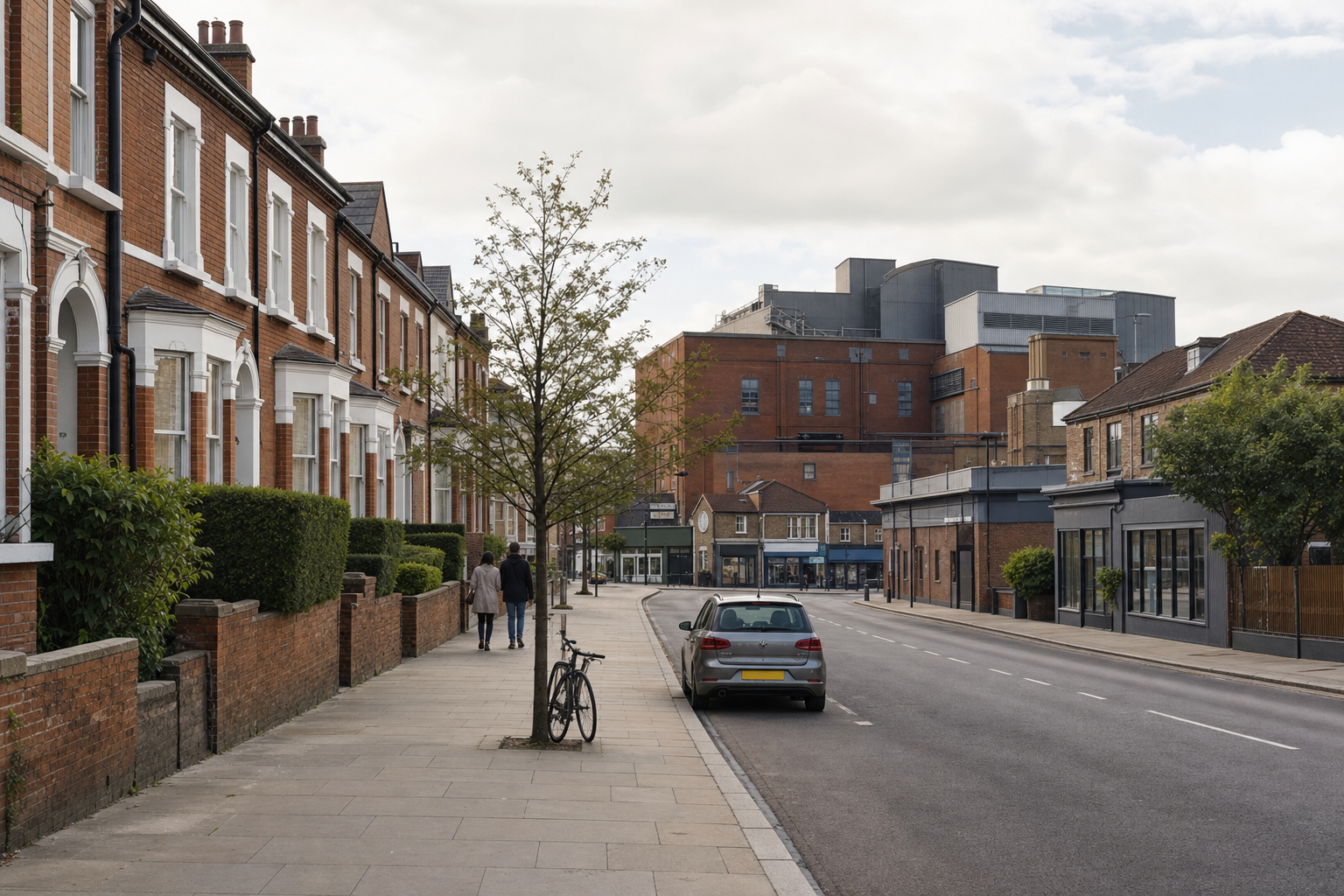People walk along a tree-lined street with terraced houses and parked cars.