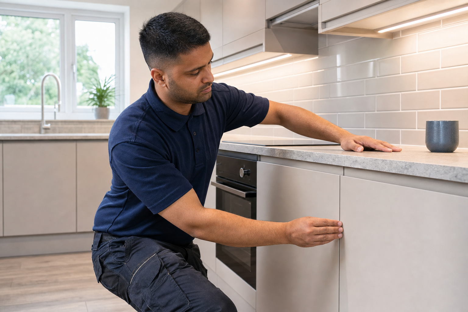 A technician inspects a kitchen cabinet door alignment in a modern kitchen setting.