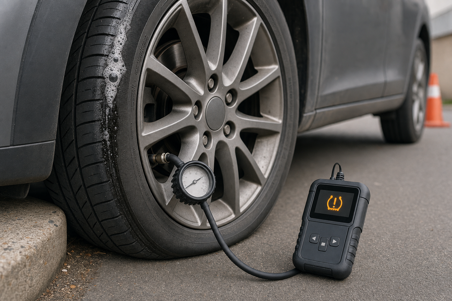 Car tyre with a pressure gauge and a digital device displaying a warning symbol on asphalt.
