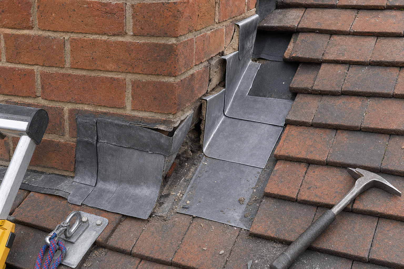Chimney flashing repair on a tiled roof with a hammer and safety equipment nearby.