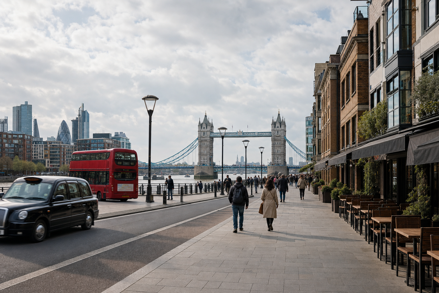 People walking along the Thames near Tower Bridge, with a red bus and taxi passing by on the street.