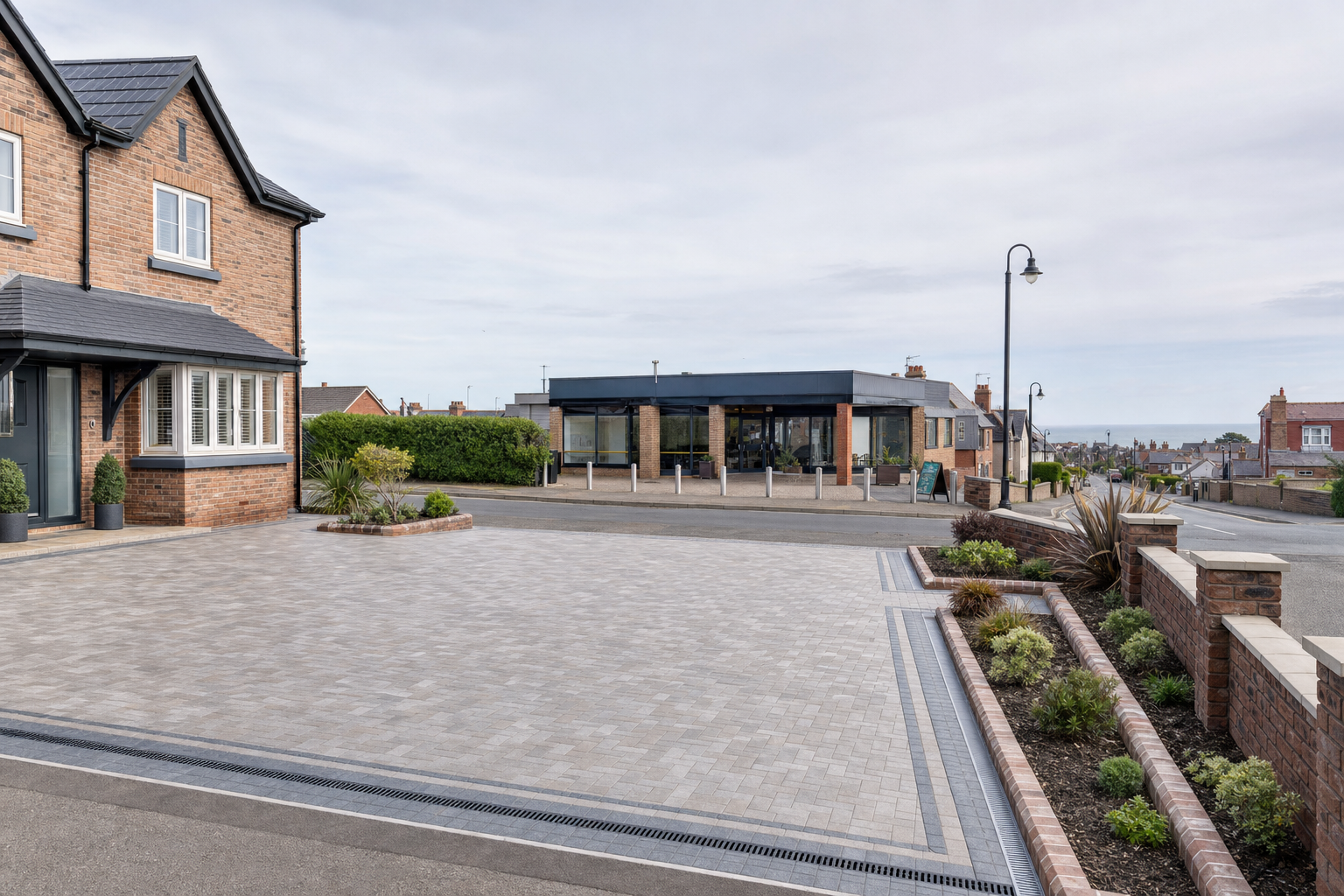 A neatly paved driveway leads to a modern building, with a clear view of a residential street and distant rooftops.