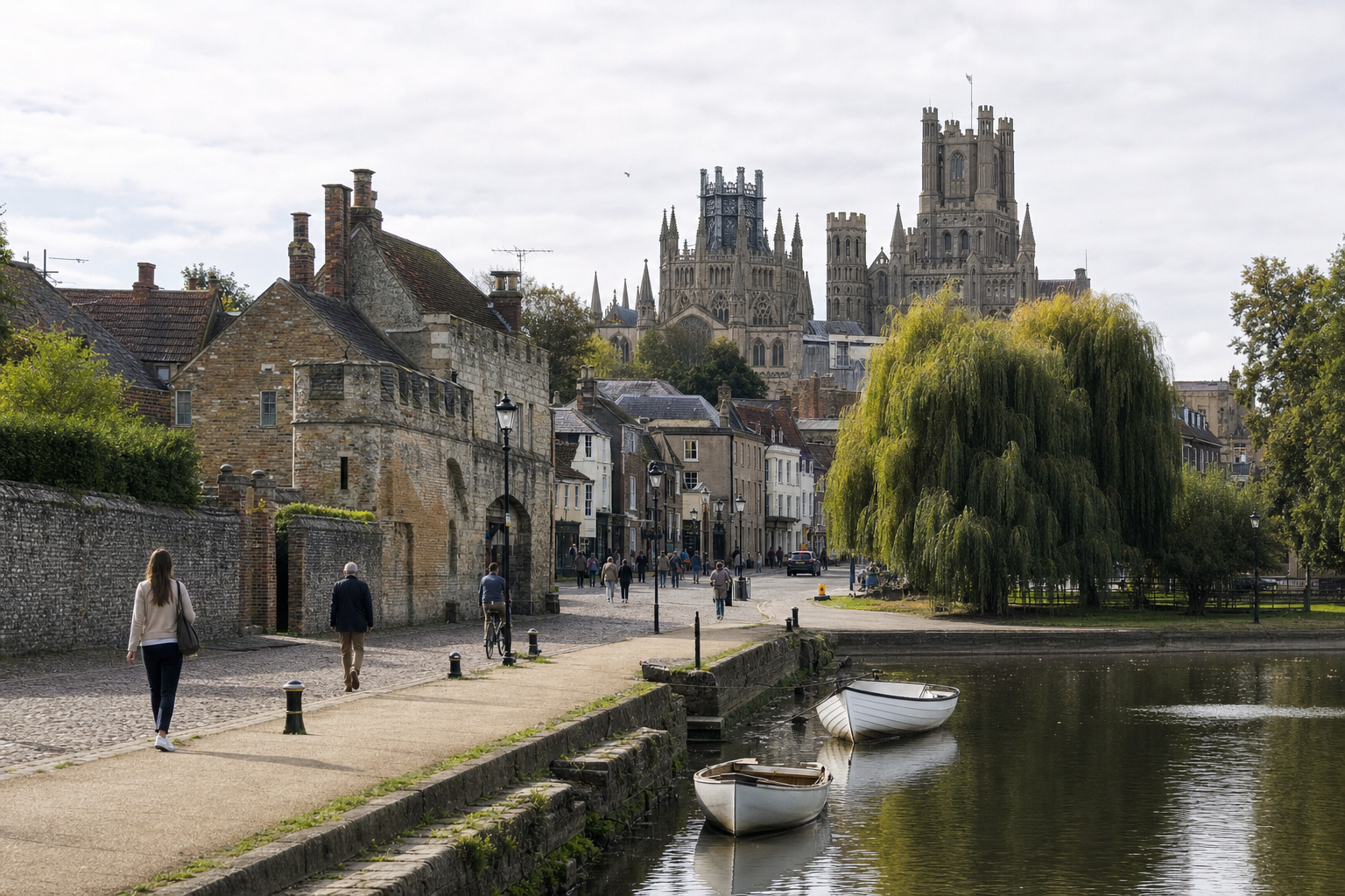 People walk along a riverside path with Ely Cathedral towering in the background on a clear day.