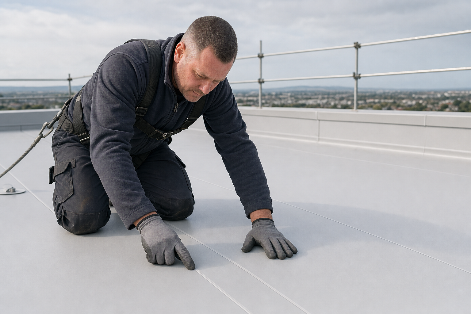 A worker examines a seam on a flat rooftop while wearing a safety harness and gloves, with a cityscape in the background.