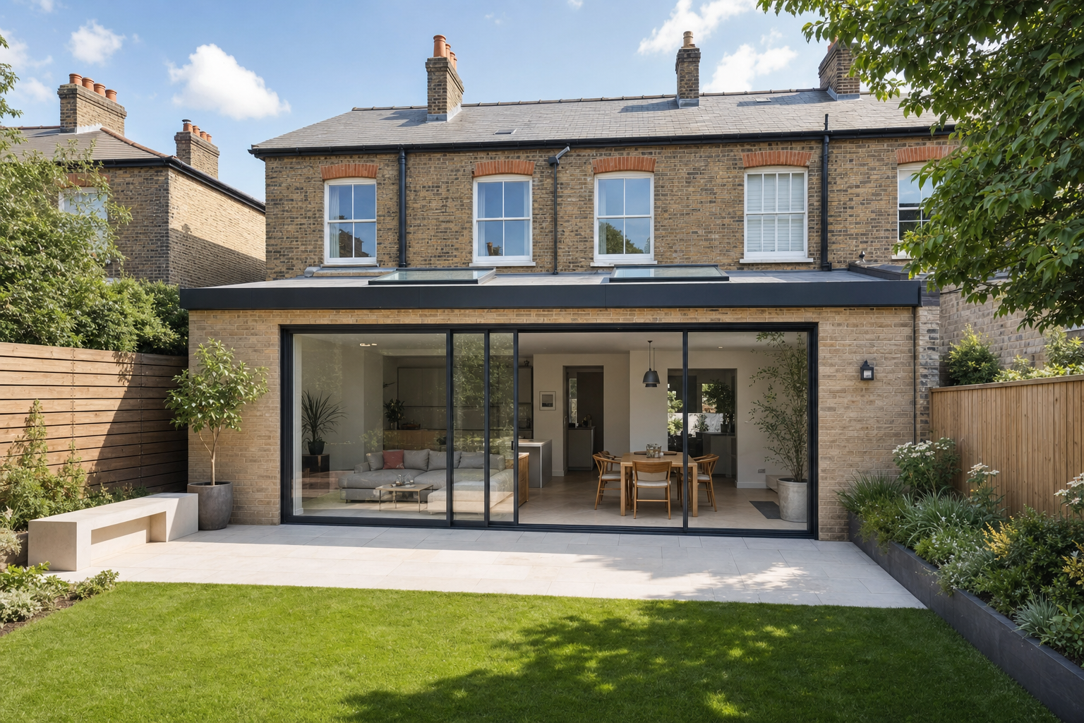 Modern brick home with large glass doors opening onto a landscaped garden and terrace.