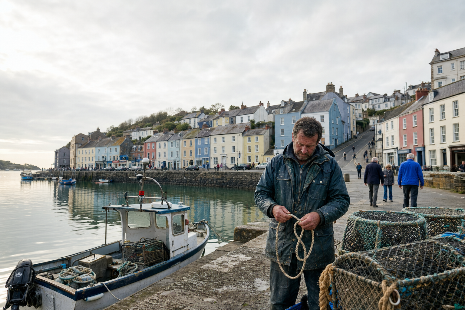 A man in a weathered coat ties rope near lobster pots in a quaint harbour with colourful buildings in the background.