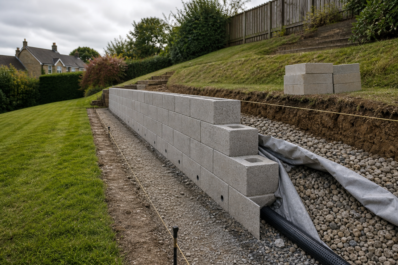 A newly constructed retaining wall of concrete blocks runs alongside a grassy slope under a cloudy sky.