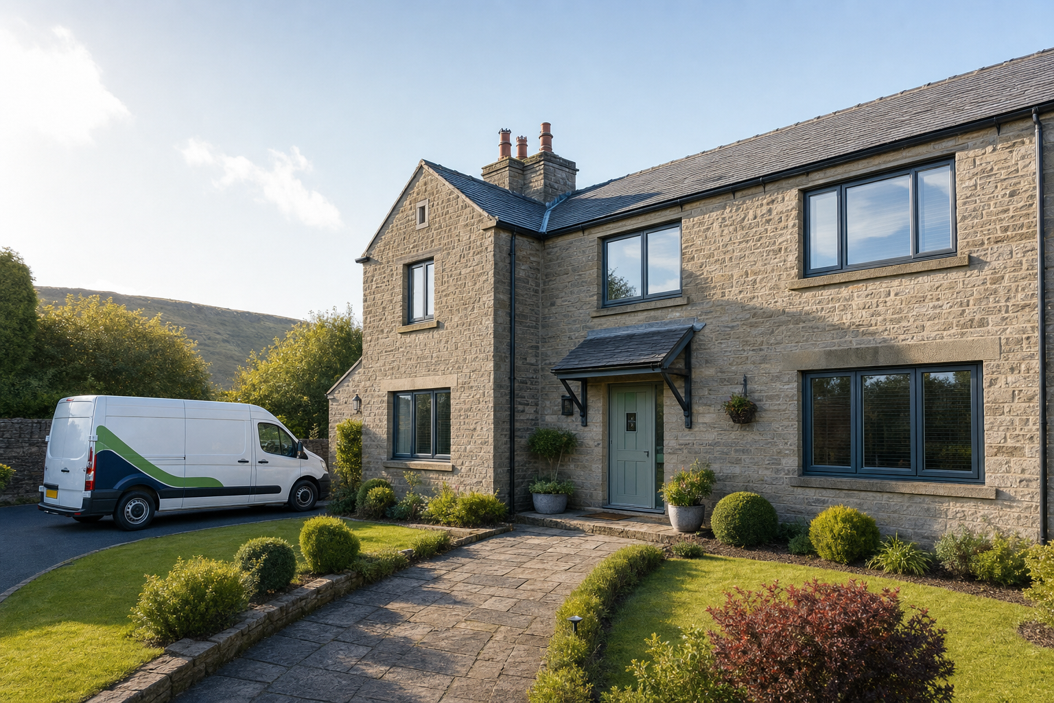 A stone house with a green door and a white van parked on the driveway in a rural setting.