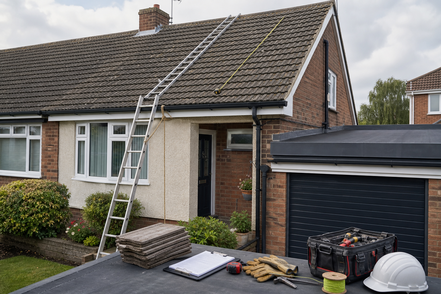 A ladder leans against a house roof with nearby tools and materials for repair work.