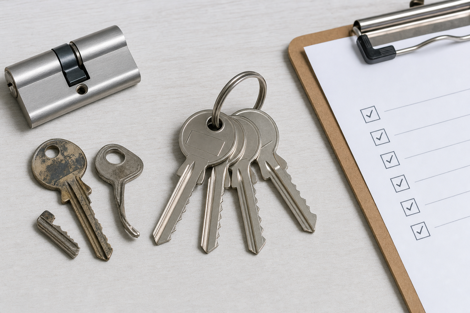 A set of keys and a lock near a clipboard with a checklist on a table.