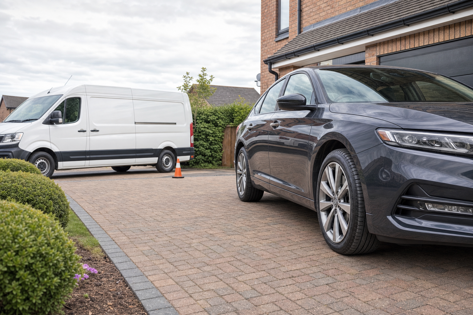 A grey car and a white van are parked on a paved driveway next to a brick house.