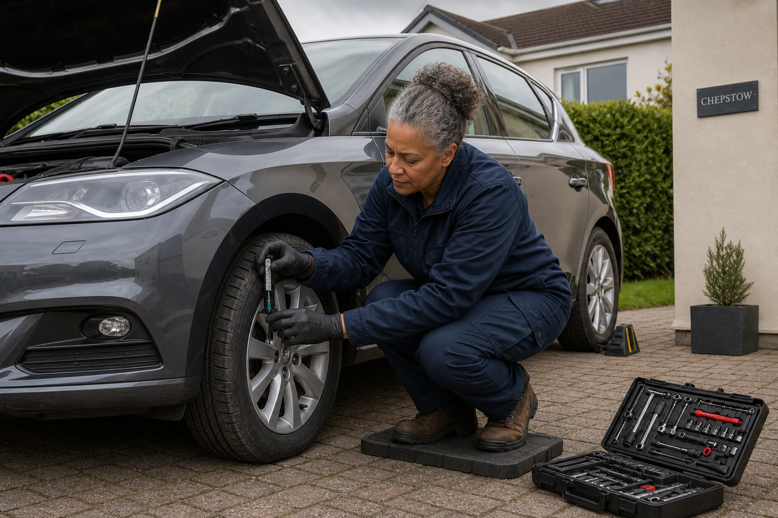 Mechanic checking tire pressure of a gray car parked in a residential driveway.