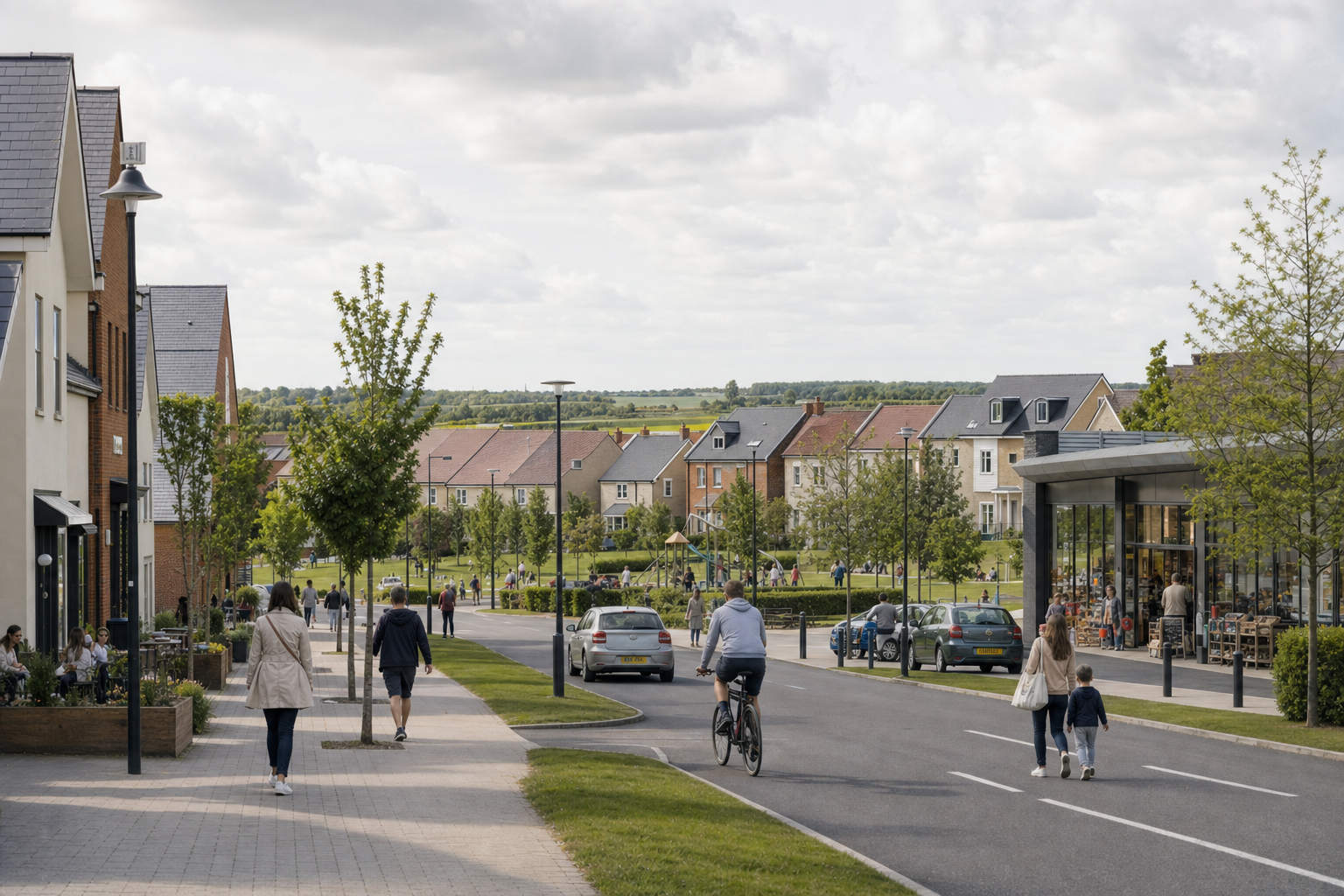 A suburban street with pedestrians, cyclists, and parked cars, lined with modern houses and a café under a cloudy sky.