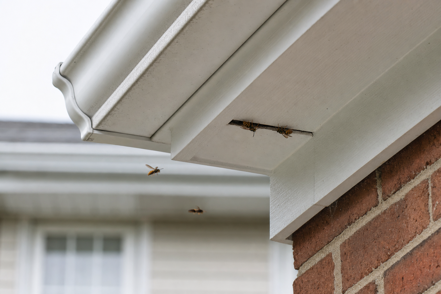 Wasps entering and exiting a small gap in the eaves of a brick house.