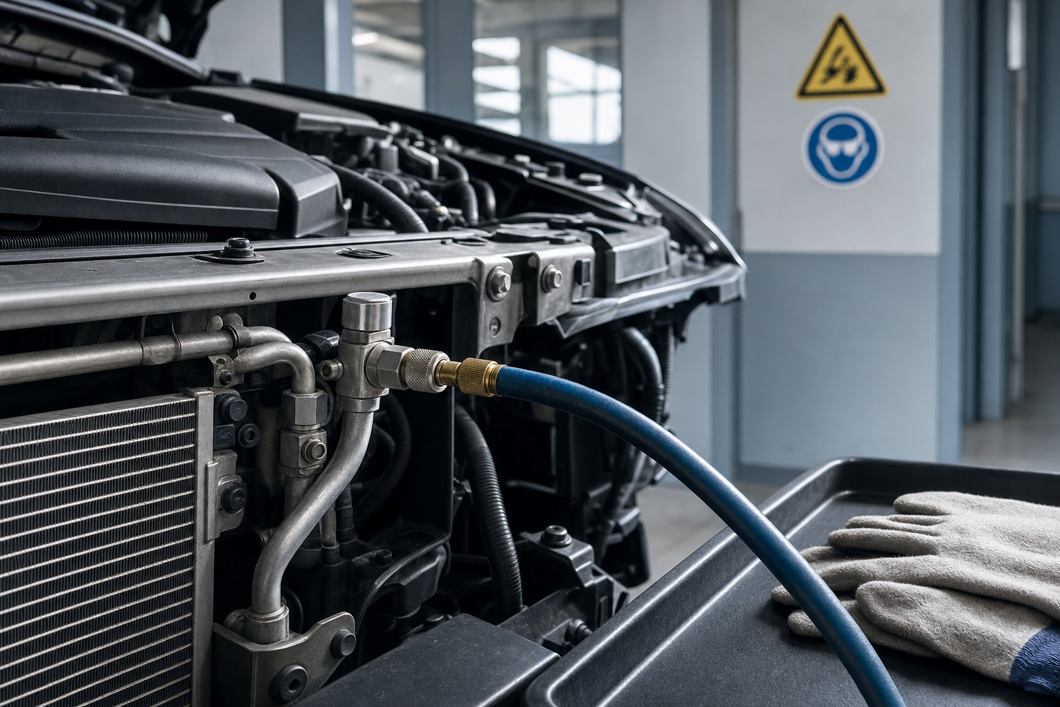 Car engine undergoing air conditioning service in a garage with safety gloves nearby.