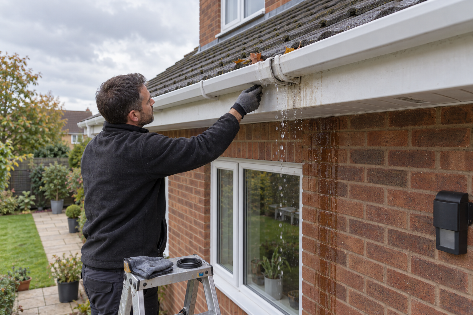 Man on ladder clearing leaves from a leaking house gutter on a cloudy day.
