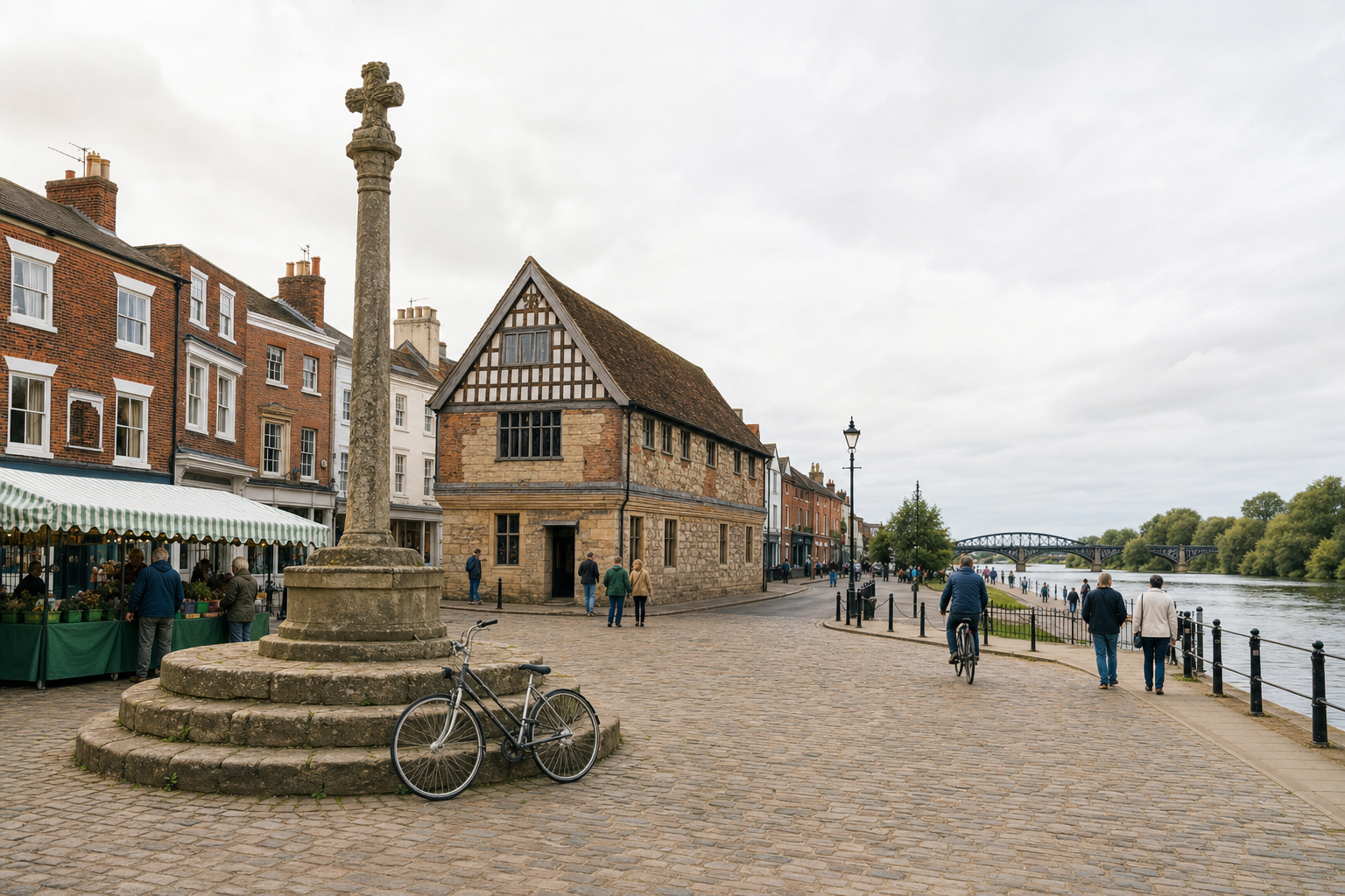 Historic riverside street with a cross monument, bicycle, market stall, and people strolling by the river.