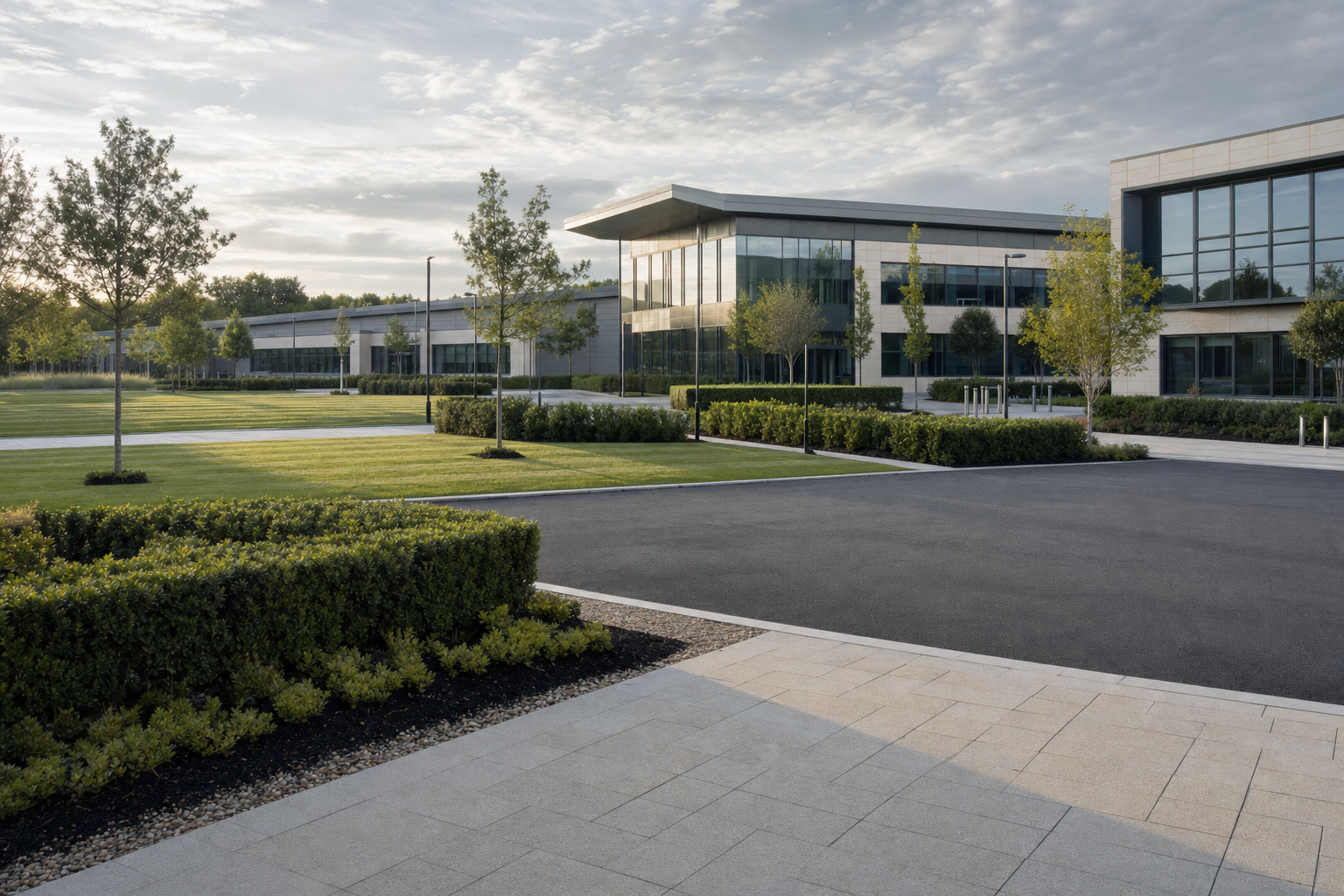 Modern office building with large glass windows, surrounded by manicured lawns and trees under a cloudy sky.
