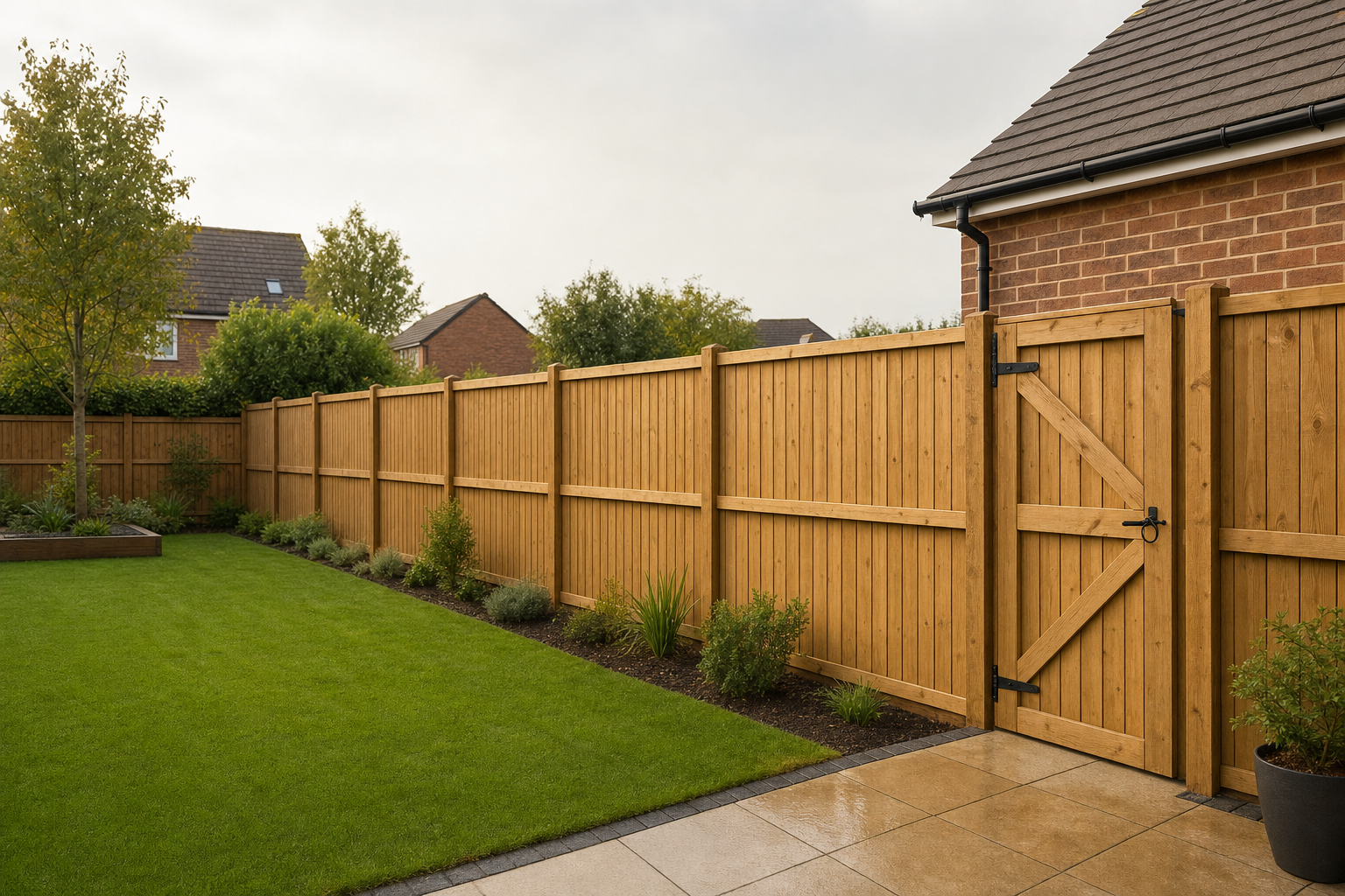 A neatly landscaped garden with a wooden fence and a lawn next to a brick house.