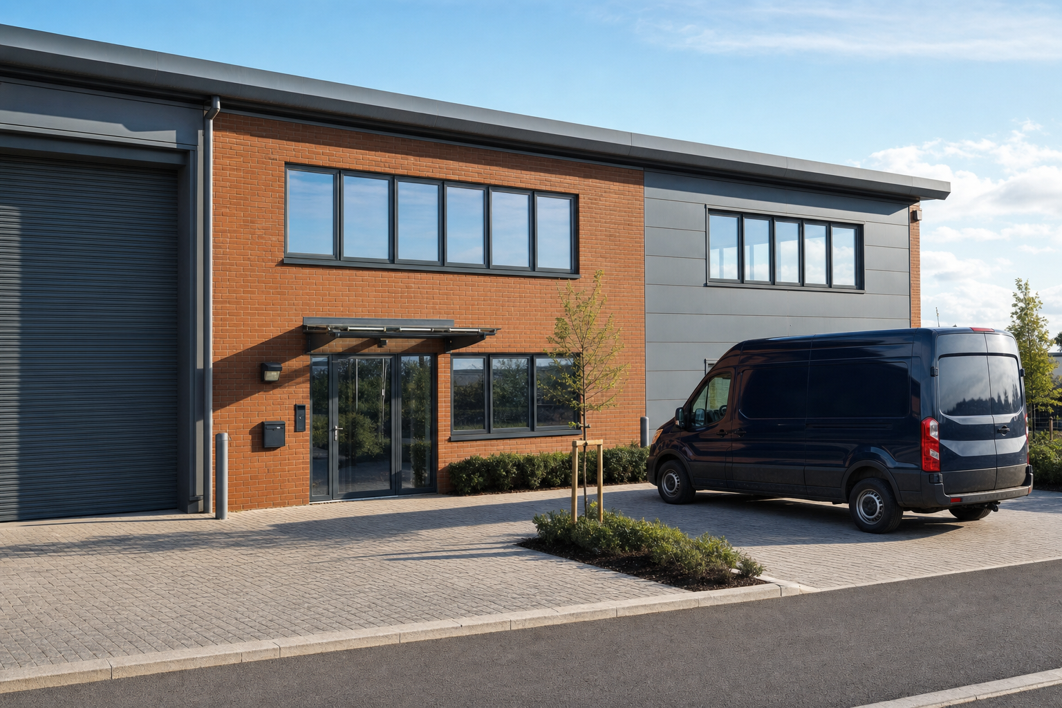 A modern industrial building with a parked black van in front on a clear day.