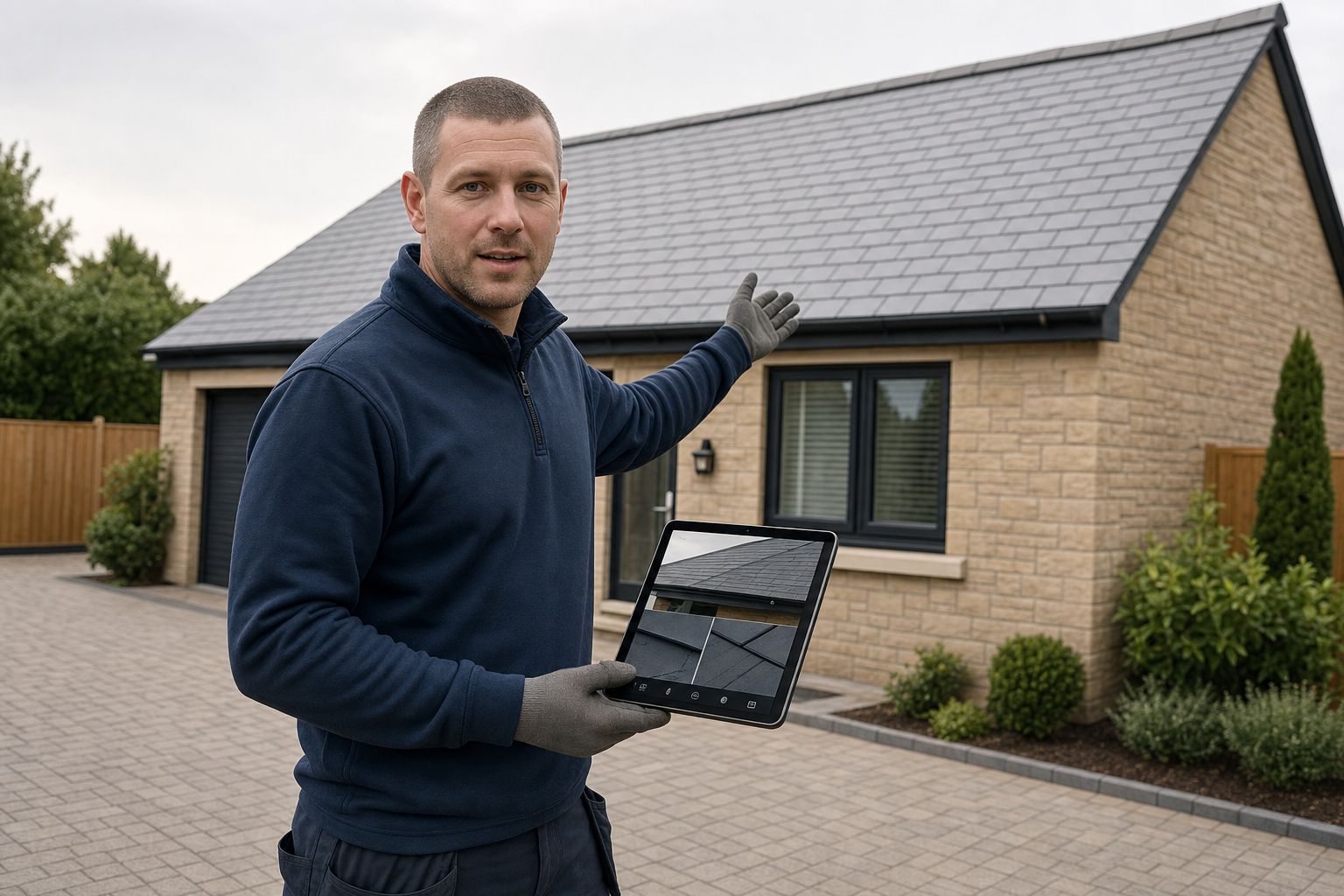 Man wearing gloves demonstrates roof inspection with a tablet outside a brick house.