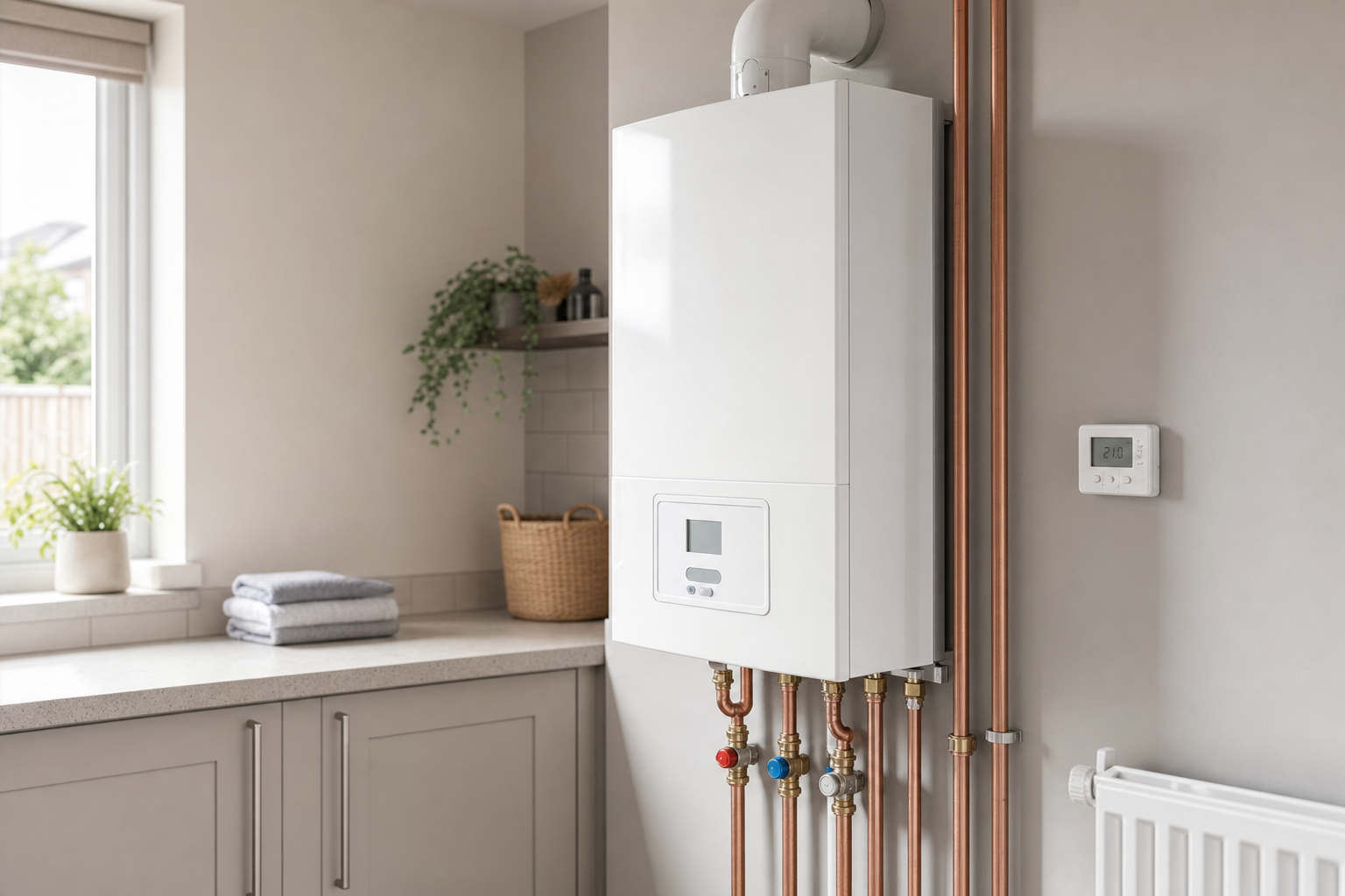 Modern boiler with copper pipes installed in a tidy utility room with a digital thermostat on the wall.