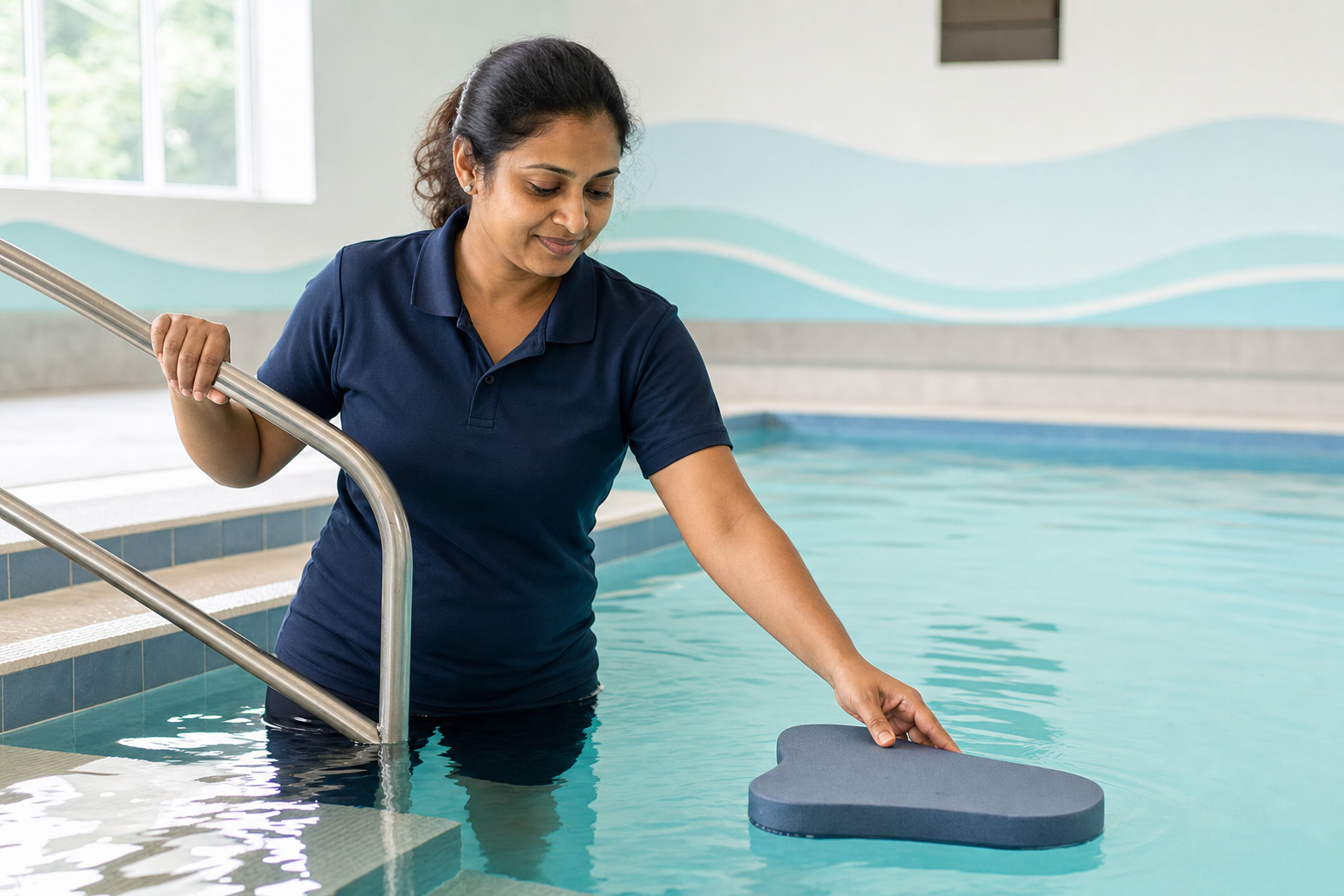 A woman in a navy polo shirt enters a swimming pool holding a kickboard.