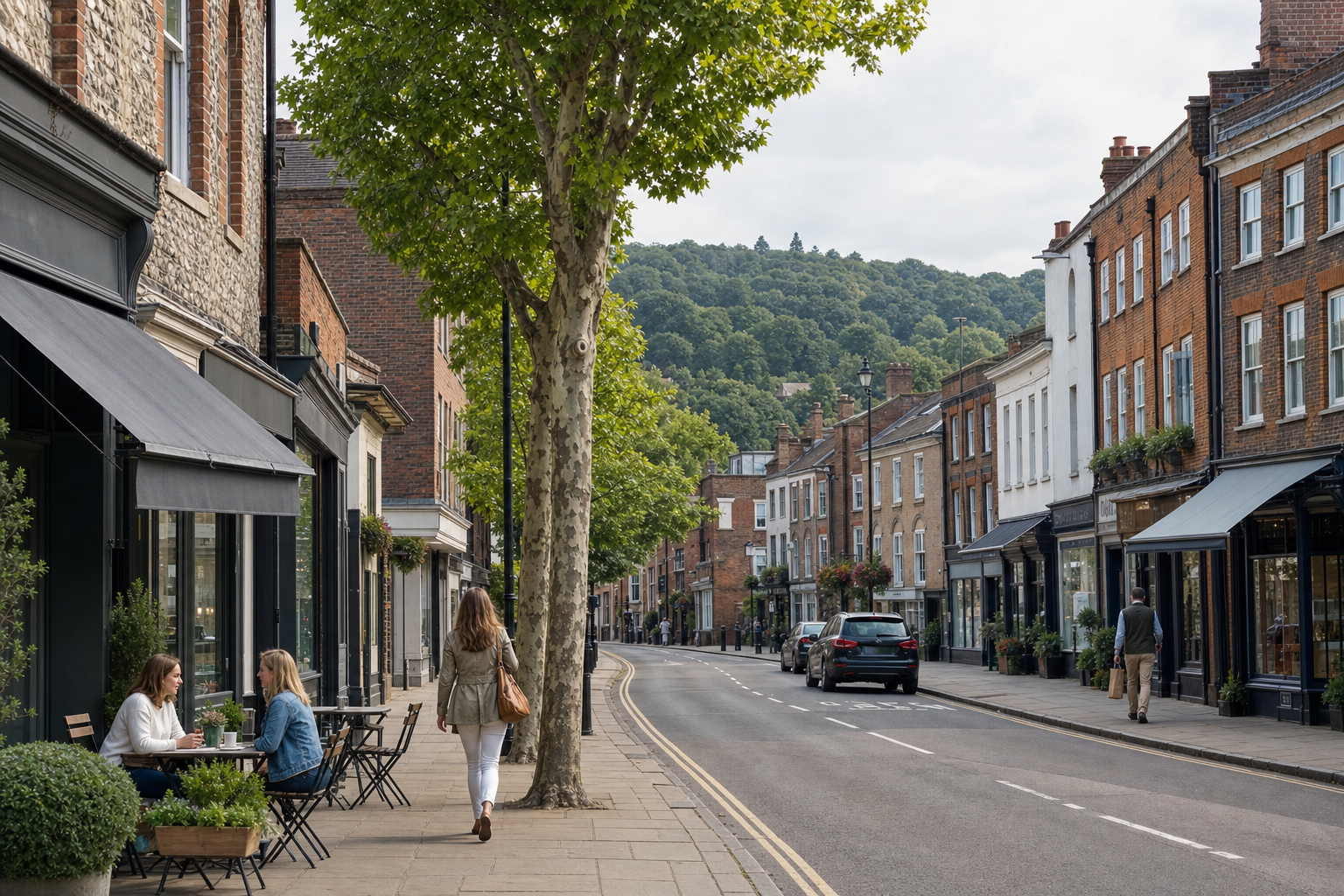 A tree-lined street in a quaint town with people at outdoor café tables and a woman walking along the pavement.