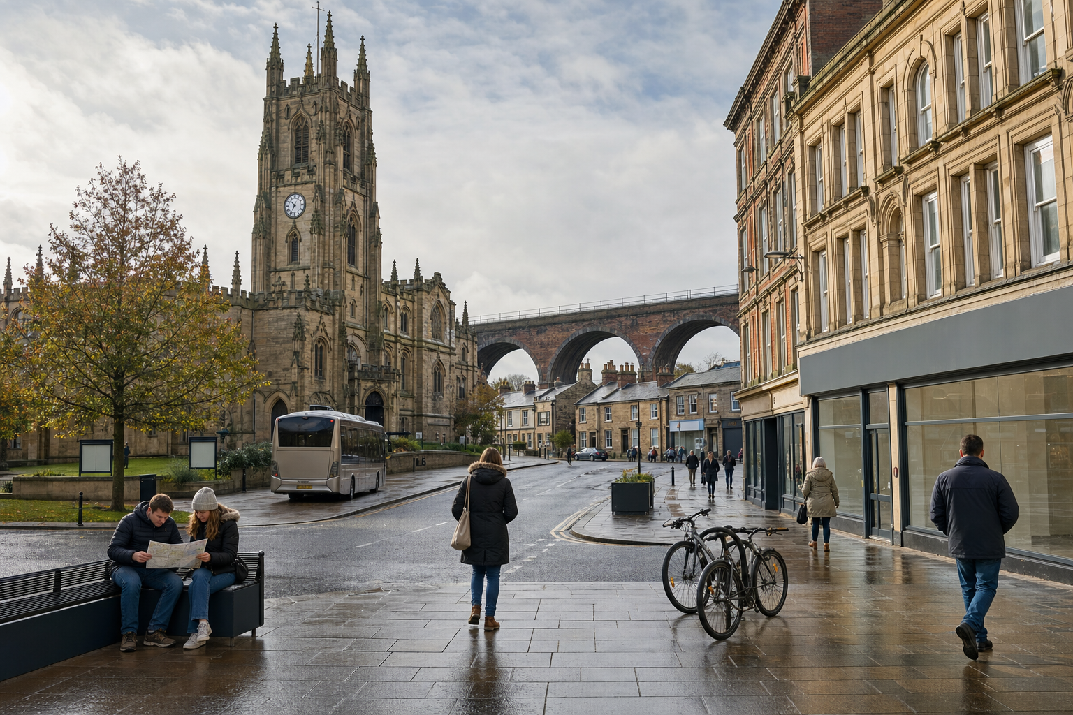 People walking near a historic church and a viaduct on a rainy day in a town square.