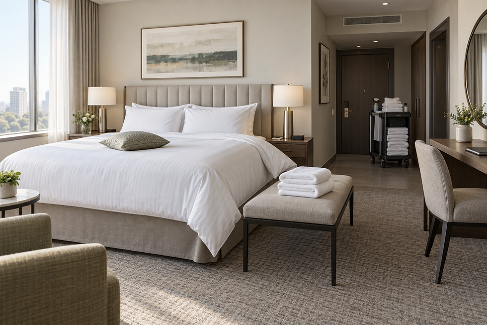A modern hotel room with a king-sized bed, city view, and neatly stacked towels on a bench.