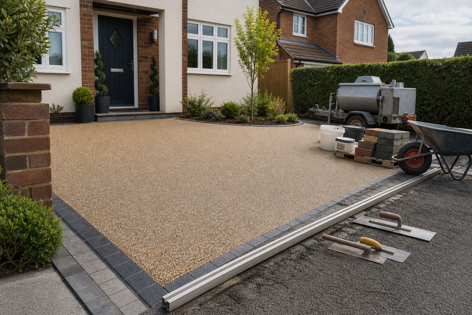 Resin-bound driveway and landscaping tools outside a brick house entrance.