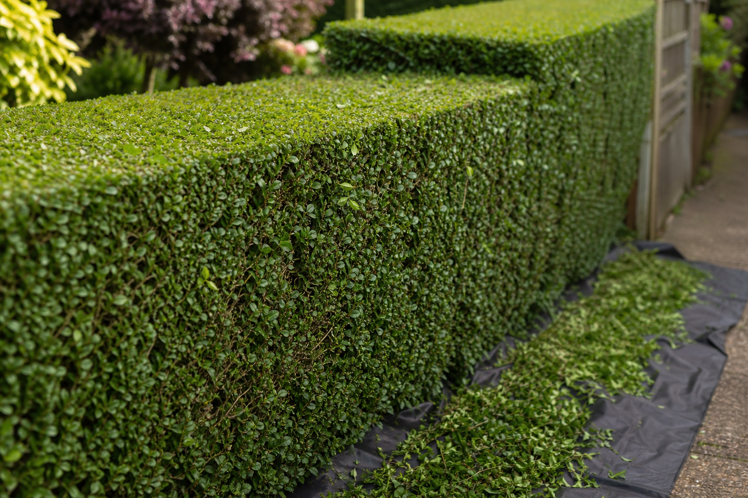 Neatly trimmed green hedge with cuttings scattered on a black tarpaulin alongside a path.