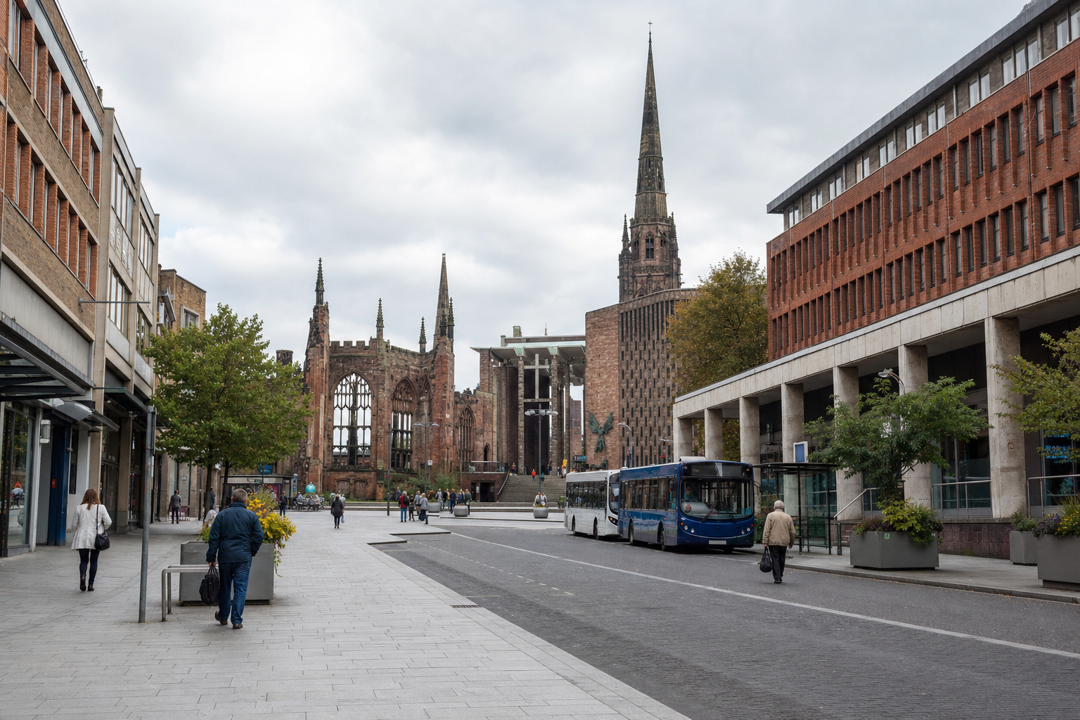 Urban street scene with pedestrians and buses near Coventry Cathedral ruins and modern buildings.