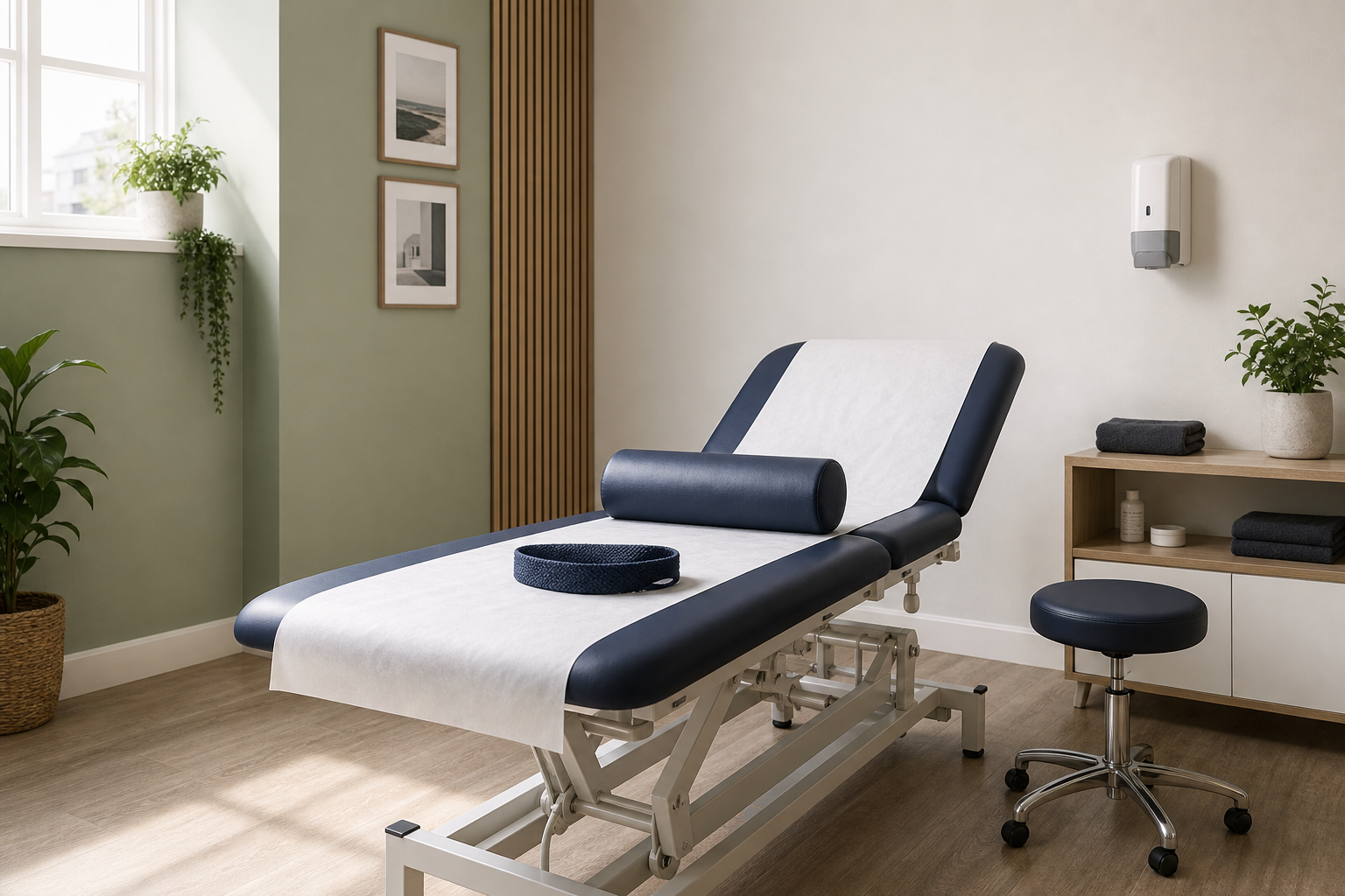 A modern examination room with a blue and white treatment table, stool, and greenery under soft natural light.