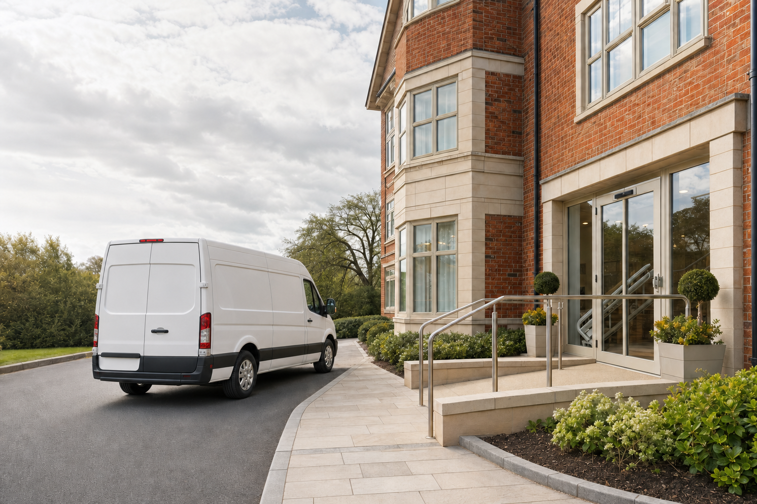 A white van parked near a modern red-brick building with landscaped gardens.