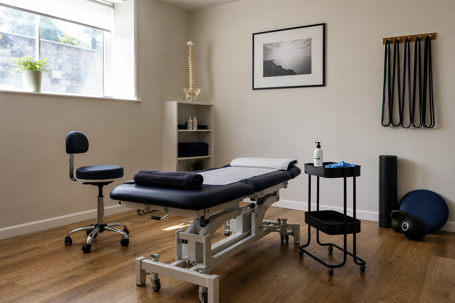 A physiotherapy room with a treatment table, exercise equipment, and a poster on the wall.